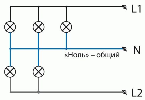 Схема параллельного соединения цепи на примере светильника с 5 лампами 